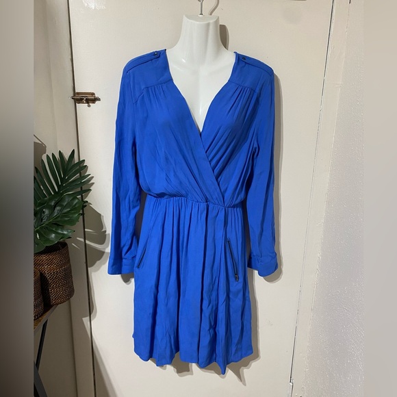 Anthropologie Maeve Blue Lene Crepe Faux Wrap Dress Roll tab long sleeve S NWOT - Picture 3 of 10